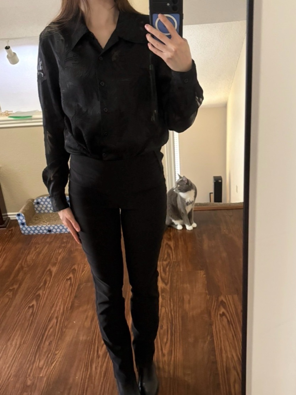 Vintage Tradition Black Burnout Leaf Button Up Blouse Sheer 90s